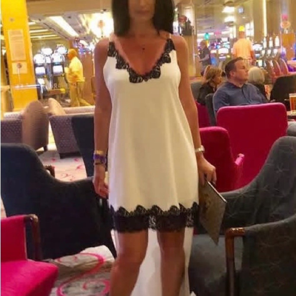 BCBG White High-Low Dress with Black Lace